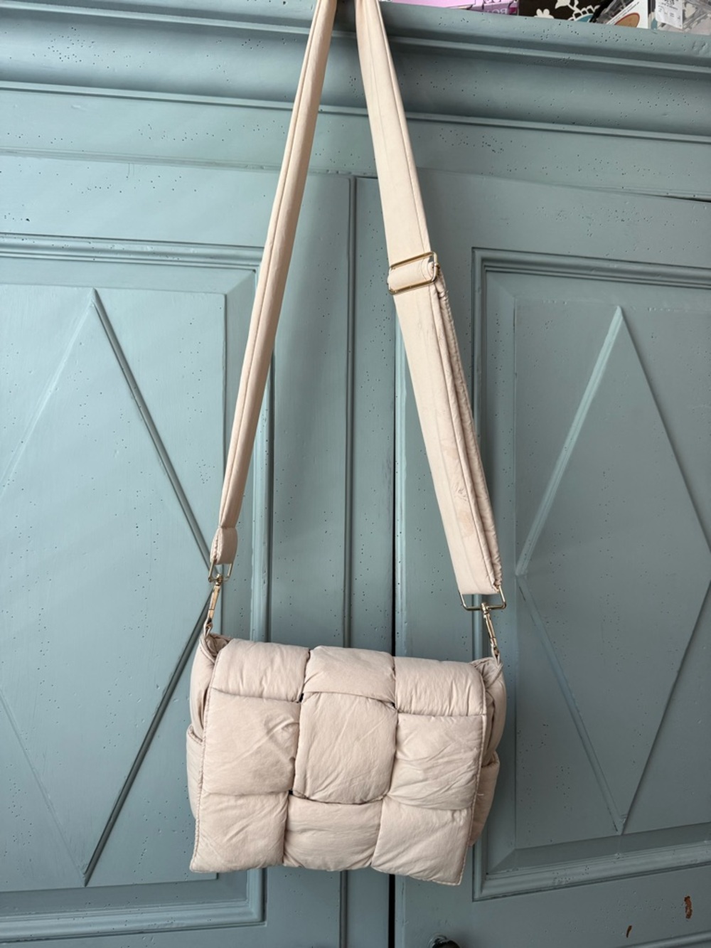 Quilted Puffer Crossbody Bag in Light Beige